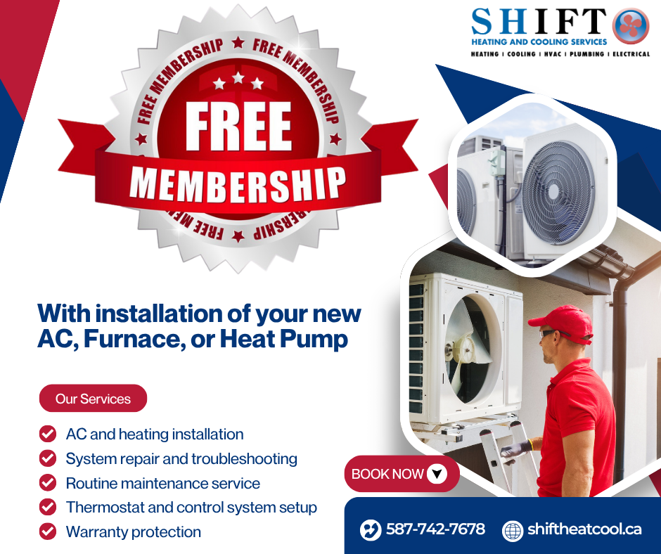 Shift Heating and Cooling Services Calgary ad – free membership with new AC, furnace, or heat pump installation