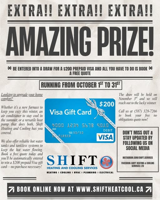 Shift Heating and Cooling Services Calgary prize giveaway ad – win a Visa gift card with your HVAC service booking