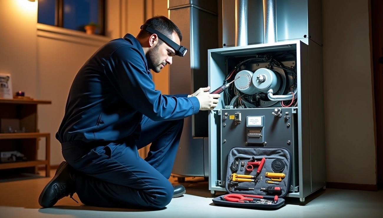 Furnace repair technician from Shift Heating & Cooling Services Ltd carefully inspecting and repairing a residential furnace in Calgary, showcasing professional Furnace Repair Calgary service